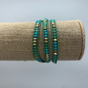 Stella & Dot Triple Wrap Bracelet - Brown Leather with Blue/Green/Gold Beads